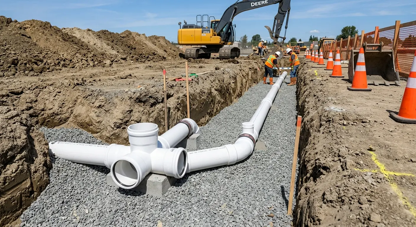 New PVC sewer pipe installation in open trench for Commercial Drain Cleaning in Fayetteville