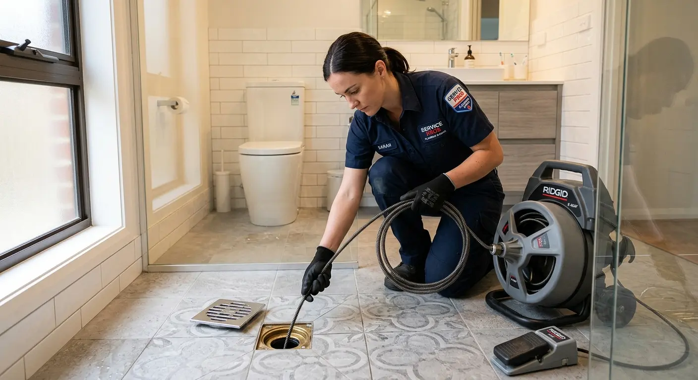 Technician clearing a bathroom floor drain for Drain Cleaning in Fayetteville